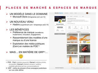 P L A C E S D E M A R C H É & E S P A C E S D E M A R Q U E 
 UN MODÈLE DANS LE DOMAINE 
 Microsoft Store (thingiverse.com oct.13) 
 UN NOUVEAU VENU 
 Hasbro (superfanart.com / shapeways août.14) 
 LES BÉNÉFICES 
 Préférence de marque (excellence, 
modernisme, innovation, engagement) 
 Rassemblement des modèles d’une 
marque ou d’une licence 
 Exploitation des média publiques 
(Earn) en matière de POE(1) 
 MAIS… EN MATIÈRE DE GRP(2)… 
1. POE : Paid (médias payants), Owned (médias privés, 
possédés), Earned (médias sociaux, publics, 
visibilité générée par les consommateurs) 
2. GRP : indice de pression d'une campagne publicitaire 
sur une cible définie 
 
