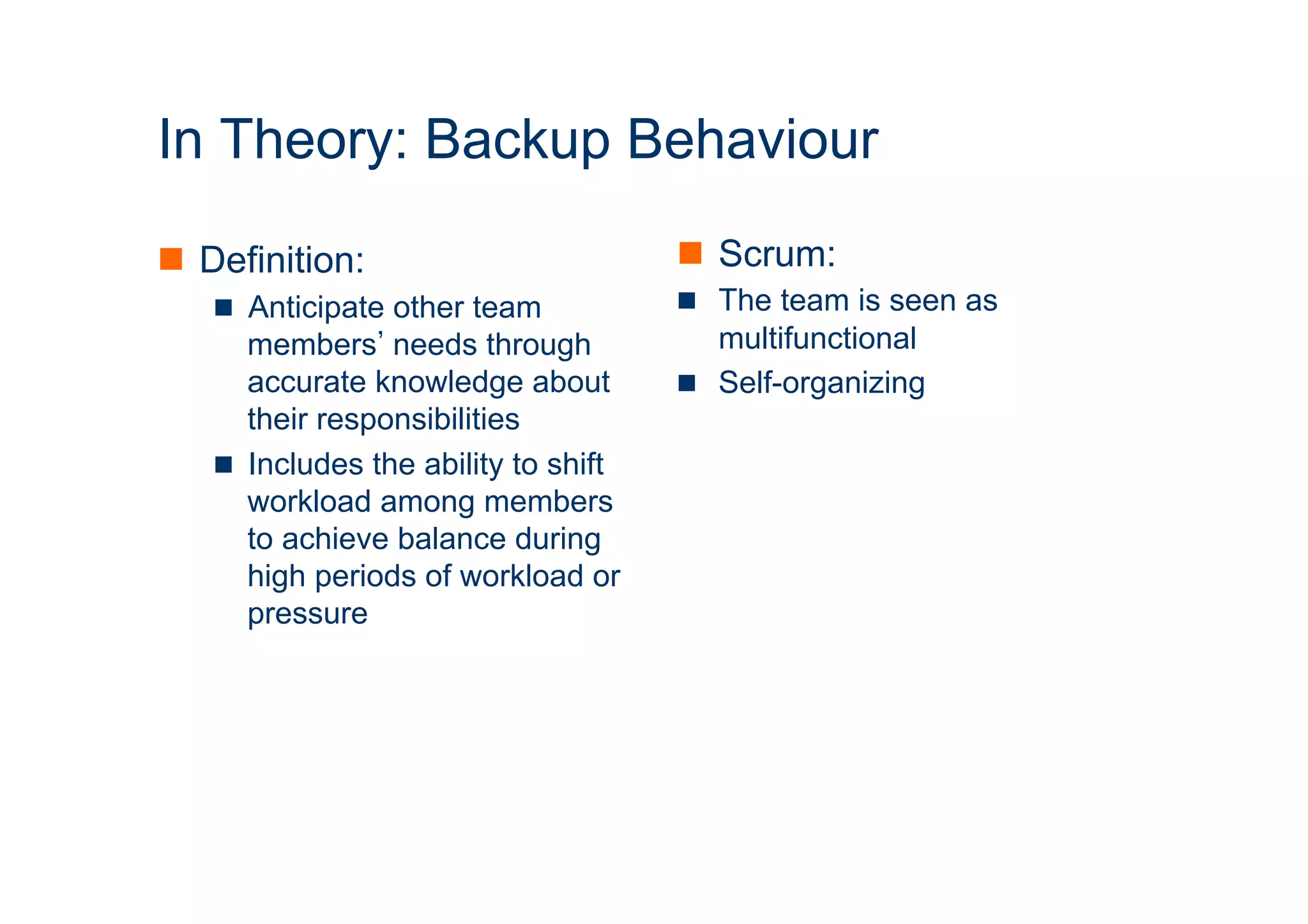 In Theory: Backup Behaviour 
ICT 
n Definition: 
n Anticipate other team 
members’ needs through 
accurate knowledge about 
their responsibilities 
n Includes the ability to shift 
workload among members 
to achieve balance during 
high periods of workload or 
pressure 
n Scrum: 
n The team is seen as 
multifunctional 
n Self-organizing 
 