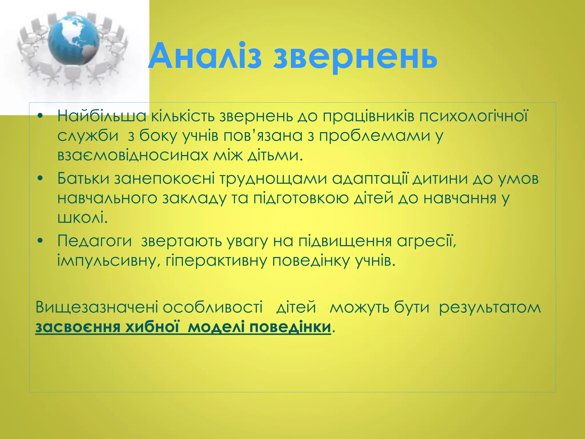 Аналіз звернень 
• Найбільша кількість звернень до працівників психологічної 
служби з боку учнів пов’язана з проблемами у 
взаємовідносинах між дітьми. 
• Батьки занепокоєні труднощами адаптації дитини до умов 
навчального закладу та підготовкою дітей до навчання у 
школі. 
• Педагоги звертають увагу на підвищення агресії, 
імпульсивну, гіперактивну поведінку учнів. 
Вищезазначені особливості дітей можуть бути результатом 
засвоєння хибної моделі поведінки. 
 