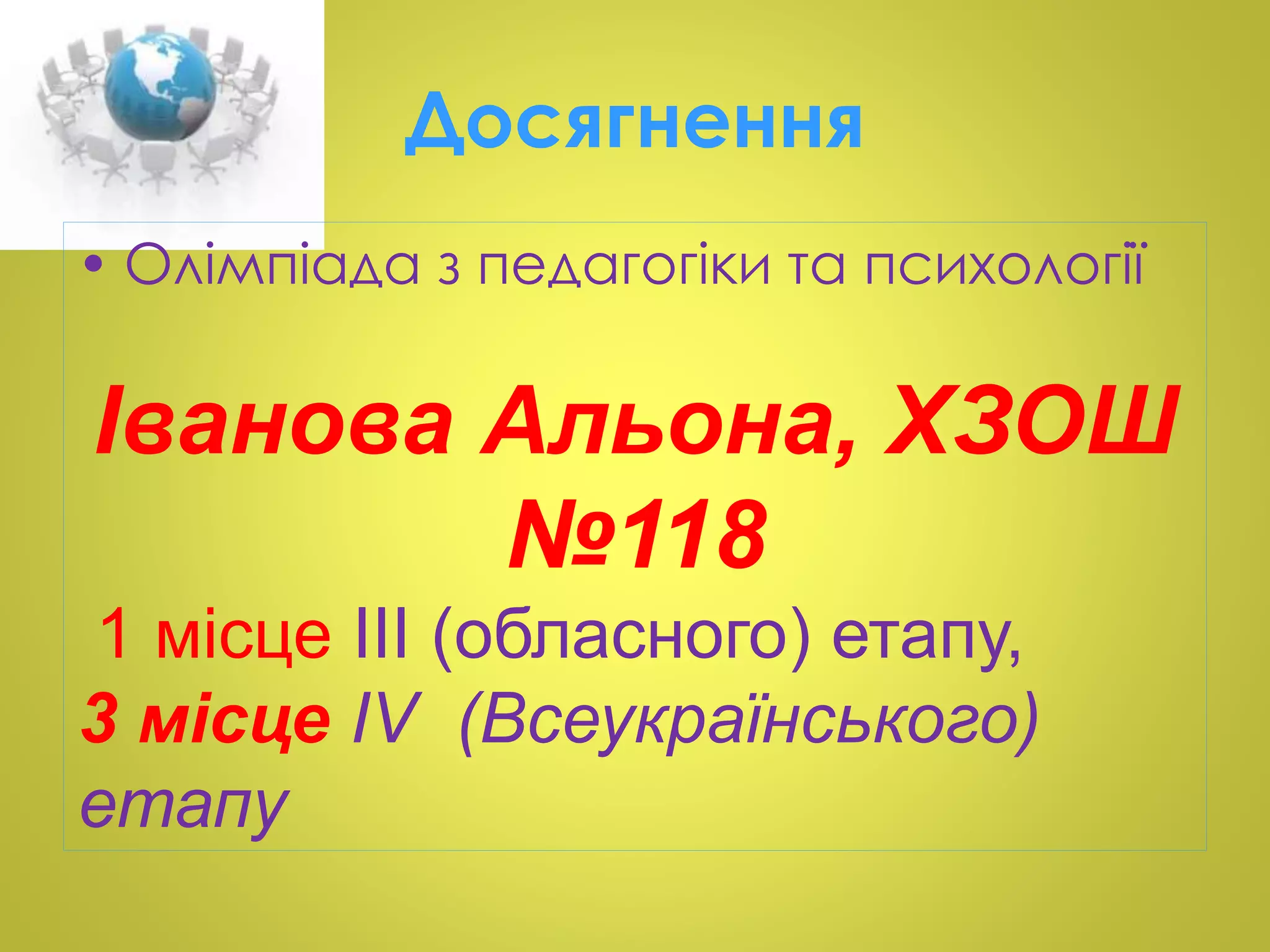 Досягнення 
• Олімпіада з педагогіки та психології 
Іванова Альона, ХЗОШ 
№118 
1 місце ІІІ (обласного) етапу, 
3 місце ІV (Всеукраїнського) 
етапу 
 