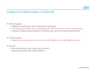 CCCCaaaatttteeeeggggoooorrrriiiieeeessss ooooffff OOOOppppttttiiiimmmmiiiizzzzaaaattttiiiioooonnnn iiiinnnn SSSSyyyysssstttteeeemmmmMMMMLLLL 
 HOP component 
– Algebraic rewrites (e.g., matrix computation reordering) 
– Cost-based optimization (e.g., choosing between different plans for matrix multiplication) 
– Selection of physical representation of matrices (e.g., cell versus block representation) 
 LOP component 
– Piggybacking (packing lops that can be evaluated together in a single MapReduce job) 
 Runtime 
– Data representation (e.g., sparse versus dense) 
– Sparsity-aware operator implementations 
IBM Research – Almaden 9/10/2014 
© 2014 37 IBM Corporation 
 