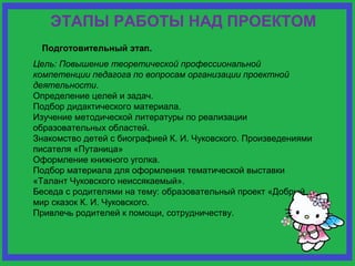 ЭТАПЫ РАБОТЫ НАД ПРОЕКТОМ 
Подготовительный этап. 
Цель: Повышение теоретической профессиональной 
компетенции педагога по вопросам организации проектной 
деятельности. 
Определение целей и задач. 
Подбор дидактического материала. 
Изучение методической литературы по реализации 
образовательных областей. 
Знакомство детей с биографией К. И. Чуковского. Произведениями 
писателя «Путаница» 
Оформление книжного уголка. 
Подбор материала для оформления тематической выставки 
«Талант Чуковского неиссякаемый». 
Беседа с родителями на тему: образовательный проект «Добрый 
мир сказок К. И. Чуковского. 
Привлечь родителей к помощи, сотрудничеству. 
 