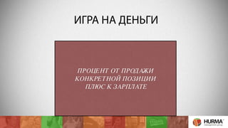 ИГРА НА ДЕНЬГИ 
ИГРА «НА ДЕНЬГИ» 
ПРОЦЕНТ ОТ ПРОДАЖИ 
КОНКРЕТНОЙ ПОЗИЦИИ 
ПЛЮС К ЗАРПЛАТЕ 
 