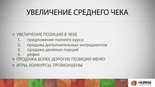 УВЕЛИЧЕНИЕ СРЕДНЕГО ЧЕКА 
УВЕЛИЧЕНИЕ ПОЗИЦИЙ В ЧЕКЕ 
1. предложение полного курса 
2. продажа дополнительных ингредиентов 
3. продажа двойных порций 
4. рефил 
ПРОДАЖА БОЛЕЕ ДОРОГИХ ПОЗИЦИЙ МЕНЮ 
ИГРЫ, КОНКУРСЫ, ПРОМОУШЕНЫ 
 