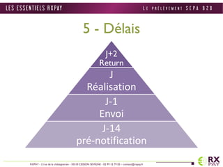 5 - Délais 
L E S E S S E N T I E L S R X PAY 
RXPAY - 2 rue de la châtaigneraie - 35510 CESSON SEVIGNE - 02 99 12 79 05 – contact@rxpay.fr 
J+2 
Return 
J 
Réalisation 
J-1 
Envoi 
J-14 
pré-notification 
L E P R É L È V E M E N T S E P A B 2 B 
 