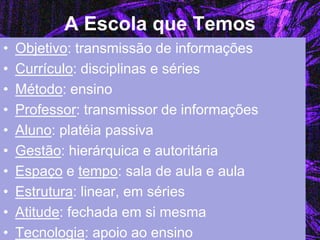 A Escola que Temos 
•Objetivo: transmissão de informações 
•Currículo: disciplinas e séries 
•Método: ensino 
•Professor: transmissor de informações 
•Aluno: platéia passiva 
•Gestão: hierárquica e autoritária 
•Espaço e tempo: sala de aula e aula 
•Estrutura: linear, em séries 
•Atitude: fechada em si mesma 
•Tecnologia: apoio ao ensino  