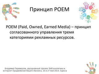 Принцип POEM 
POEM (Paid, Owned, Earned Media) – принцип 
согласованного управления тремя 
категориями рекламных ресурсов. 
 