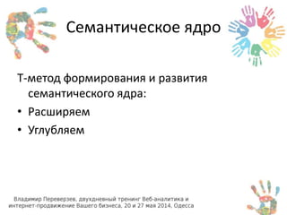 Семантическое ядро 
Т-метод формирования и развития 
семантического ядра: 
• Расширяем 
• Углубляем 
 