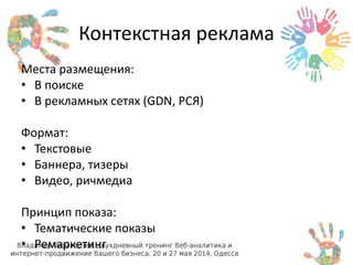 Контекстная реклама 
Места размещения: 
• В поиске 
• В рекламных сетях (GDN, РСЯ) 
Формат: 
• Текстовые 
• Баннера, тизеры 
• Видео, ричмедиа 
Принцип показа: 
• Тематические показы 
• Ремаркетинг 
 