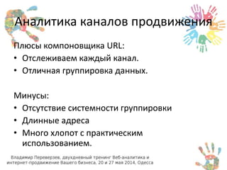 Аналитика каналов продвижения 
Плюсы компоновщика URL: 
• Отслеживаем каждый канал. 
• Отличная группировка данных. 
Минусы: 
• Отсутствие системности группировки 
• Длинные адреса 
• Много хлопот с практическим 
использованием. 
 
