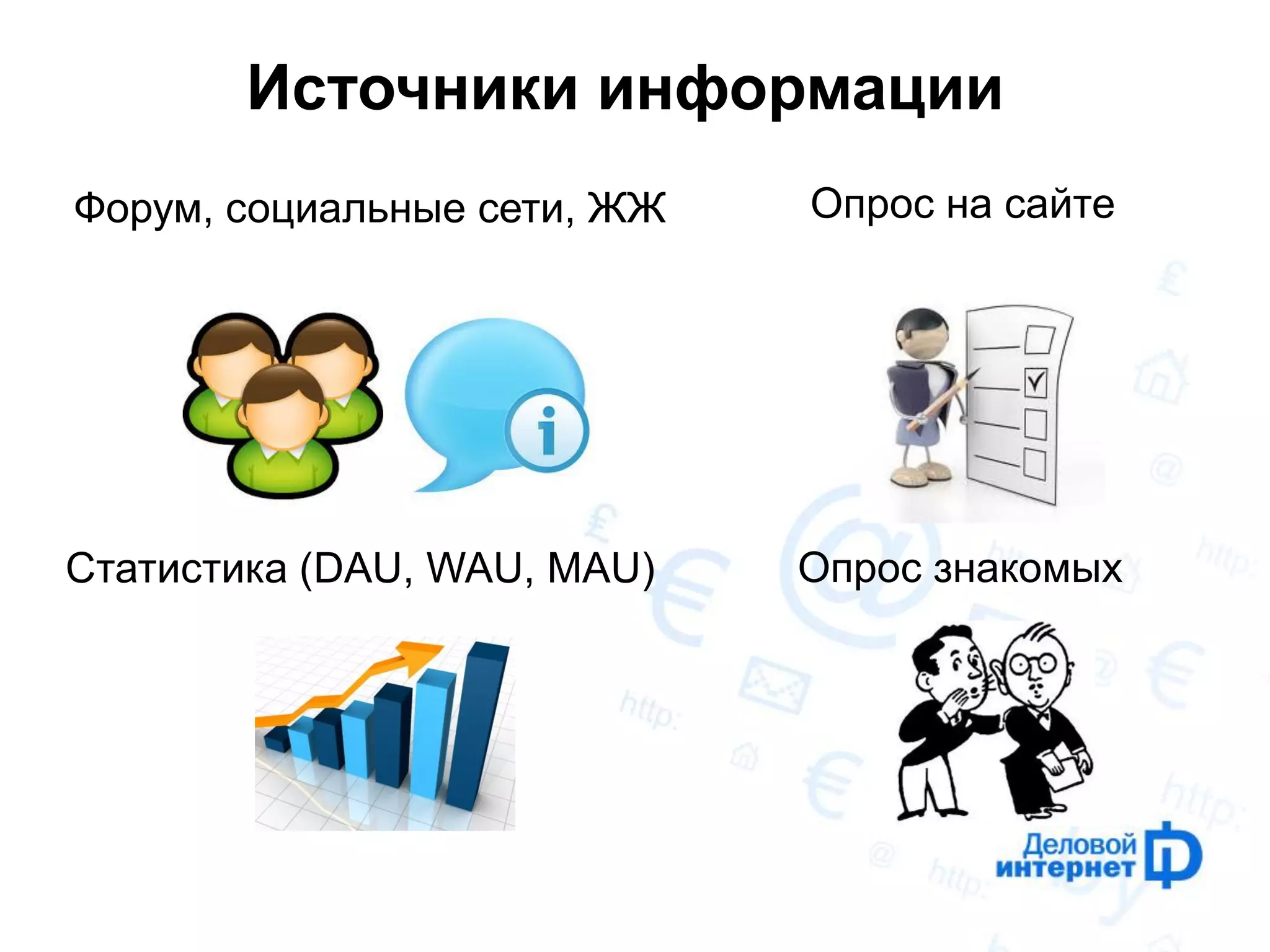 Источники информации 
Форум, социальные сети, ЖЖ 
Статистика (DAU, WAU, MAU) 
Опрос на сайте 
Опрос знакомых  