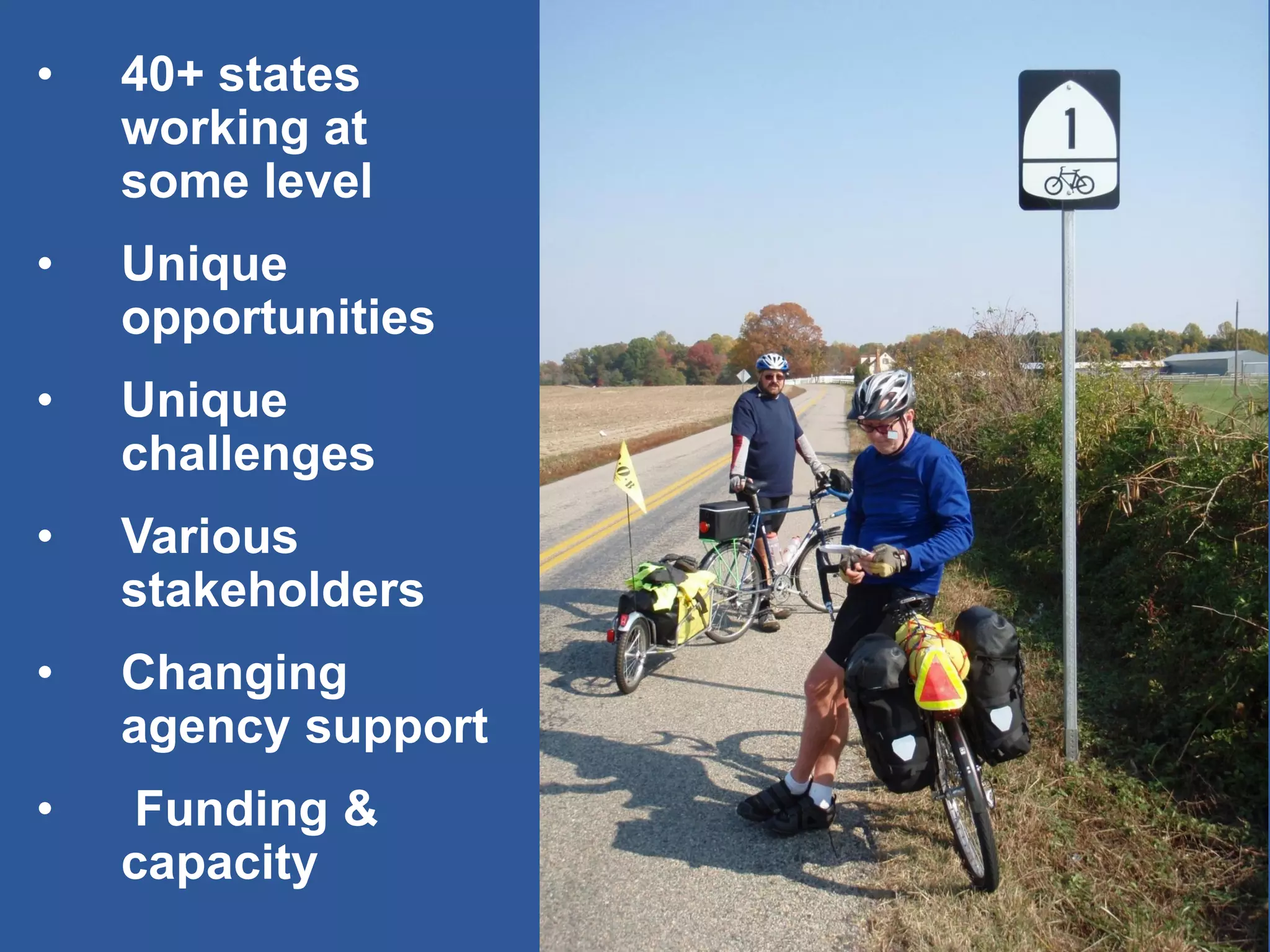 •40+ states working at some level 
•Unique opportunities 
•Unique challenges 
•Various stakeholders 
•Changing agency support 
• Funding & capacity  