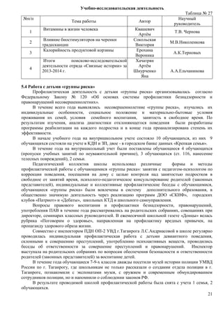 21 
Учебно-исследовательская деятельность 
Таблица № 27 
№п/п 
Тема работы Автор 
Научный 
руководитель 
1 
Витамины в жизни человека Квашевич 
Артём 
Т.В. Чернова 
2 
Влияние биостимуляторов на черенки 
традесканции 
Сокольская 
Виктория 
М.В.Николенкова 
3 
Калорийность продуктовой корзины Ерохина 
Вероника 
А.К.Терновых 
4 
Итоги поисково-исследовательской 
деятельности отряда «Связные истории» за 
2013-2014 г. 
Хачатрян 
Артём 
Шнурченко 
Яна 
А.А.Ельчанинова 
5.4 Работа с детьми «группы риска» 
Профилактическая деятельность с детьми «группы риска» организовывалась согласно 
Федеральному Закону № 120 «Об основах системы профилактики безнадзорности и 
правонарушений несовершеннолетних». 
В течение всего года выявлялись несовершеннолетние «группы риска», изучались их 
индивидуальные особенности, социальное положение и материально-бытовые условия 
проживания их семей, условия семейного воспитания, занятость в свободное время. По 
результатам изучения, анализа диагностики отклоняющегося поведения были разработаны 
программы реабилитации на каждого подростка и в конце года проанализирована степень их 
эффективности. 
В начале учебного года на внутришкольном учете состояло 10 обучающихся, из них 9 
обучающихся состояли на учете в КДН и ЗП, двое - в городском банке данных «Крепкая семья». 
В течение года на внутришкольный учет были поставлены обучающиеся 4 обучающихся 
(пропуски учебных занятий по неуважительной причине), 3 обучающихся (ст. 116, нанесение 
телесных повреждений), 2 семьи. 
Педагогический коллектив школы использовал различные формы и методы 
профилактической работы с обучающимися «группы риска»: занятия с педагогом-психологом по 
коррекции поведения, посещения на дому с целью контроля над занятостью подростков в 
свободное от занятий время, психолого-педагогическое консультирование родителей (законных 
представителей), индивидуальные и коллективные профилактические беседы с обучающимися, 
обучающиеся «группы риска» были вовлечены в систему дополнительного образования, в 
общественно значимую деятельность через реализацию программ ДОО «СКИФ», городских 
клубов «Патриот» и «Дебаты», школьных КТД и школьного самоуправления. 
Вопросы правового воспитания и профилактики безнадзорности, правонарушений, 
употребления ПАВ в течение года рассматривались на родительских собраниях, совещаниях при 
директоре, семинарах классных руководителей. В ежемесячной школьной газете «Донцы» велась 
рубрика «Поговорим о здоровье», направленная на профилактику вредных привычек, на 
пропаганду здорового образа жизни. 
Совместно с инспектором ПДН ОП-2 УВД г.Таганрога Л.С.Андриасовой в школе регулярно 
проводилась индивидуальная профилактическая работа с детьми девиантного поведения, 
склонными к совершению преступлений, употреблению психоактивных веществ, проводились 
беседы об ответственности за совершение преступлений и правонарушений. Инспектор 
выступала на родительских собраниях по вопросам обеспечения безопасности и ответственности 
родителей (законных представителей) за воспитание детей. 
В течение года обучающиеся 7-9-х классов дважды посетили музей истории полиции УМВД 
России по г. Таганрогу, где школьникам не только рассказали о создании отдела полиции в г. 
Таганроге, познакомили с экспонатами музея, с оружием и современным обмундированием 
сотрудников полиции, но и напомнили о соблюдении законов РФ. 
В результате проводимой школой профилактической работы была снята с учета 1 семья, 2 
обучающихся. 
 