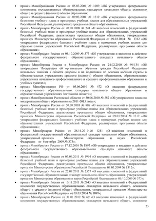  приказ Минобразования России от 05.03.2004 № 1089 «Об утверждении федерального 
компонента государственных образовательных стандартов начального общего, основного 
общего и среднего (полного) общего образования; 
 приказ Минобразования России от 09.03.2004 № 1312 «Об утверждении федерального 
базисного учебного плана и примерных учебных планов для образовательных учреждений 
Российской Федерации, реализующих программы общего образования»; 
 приказ Минобрнауки России от 20.08.2008 № 241 «О внесении изменений в федеральный 
базисный учебный план и примерные учебные планы для образовательных учреждений 
Российской Федерации, реализующих программы общего образования, утвержденные 
приказом Министерства образования Российской Федерации от 09.03.2004 № 1312 «Об 
утверждении федерального базисного учебного плана и примерных учебных планов для 
образовательных учреждений Российской Федерации, реализующих программы общего 
образования»; 
 приказ Минобрнауки России от 05.10.2009 № 373 «Об утверждении и введении в действие 
федерального государственного образовательного стандарта начального общего 
образования»; 
 приказ Минобороны России и Минобрнауки России от 24.02.2010 № 96/134 «Об 
утверждении Инструкции об организации обучения граждан Российской Федерации 
начальным знаниям в области обороны и их подготовки по основам военной службы в 
образовательных учреждениях среднего (полного) общего образования, образовательных 
учреждениях начального профессионального и среднего профессионального образования и 
учебных пунктах»; 
 приказ Минобразования РО от 03.06.2010 № 472 «О введении федерального 
государственного образовательного стандарта начального общего образования в 
образовательных учреждениях Ростовской области»; 
 приказ Минобразования Ростовской области от 30.06.2010 № 582 «Об утверждении плана по 
23 
модернизации общего образования на 2011-2015 годы»; 
 приказ Минобрнауки России от 30.08.2010 № 889 «О внесении изменений в федеральный 
базисный учебный план и примерные учебные планы для образовательных учреждений 
Российской Федерации, реализующих программы общего образования, утвержденные 
приказом Министерства образования Российской Федерации от 09.03.2004 № 1312 «Об 
утверждении федерального базисного учебного плана и примерных учебных планов для 
образовательных учреждений Российской Федерации, реализующих программы общего 
образования»; 
 приказ Минобрнауки России от 26.11.2010 № 1241 «О внесении изменений в 
федеральный государственный образовательный стандарт начального общего образования, 
утвержденный приказом Министерства образования и науки Российской 
Федерации от 6 октября 2009 № 373»; 
 приказ Минобрнауки России от 17.12.2010 № 1897 «Об утверждении и введении в действие 
федерального государственного образовательного стандарта основного общего 
образования»; 
 приказ Минобрнауки России от 03.06.2011 № 1994 «О внесении изменений в федеральный 
базисный учебный план и примерные учебные планы для образовательных учреждений 
Российской Федерации, реализующих программы общего образования, утвержденные 
приказом Министерства образования Российской Федерации от 09.03.2004 № 1312»; 
 приказ Минобрнауки России от 22.09.2011 № 2357 «О внесении изменений в федеральный 
государственный образовательный стандарт начального общего образования, утвержденный 
приказом Министерства образования и науки Российской Федерации от 06.10.2009 № 373»; 
 приказ Минобрнауки России от 10.11.2011 № 2643 «О внесении изменений в Федеральный 
компонент государственных образовательных стандартов начального общего, основного 
общего и среднего (полного) общего образования, утвержденный приказом Министерства 
образования Российской Федерации от 05.03.2004 № 1089»; 
 приказ Минобрнауки России от 31.01.2012 № 69 «О внесении изменений в федеральный 
компонент государственных образовательных стандартов начального общего, основного 
 
