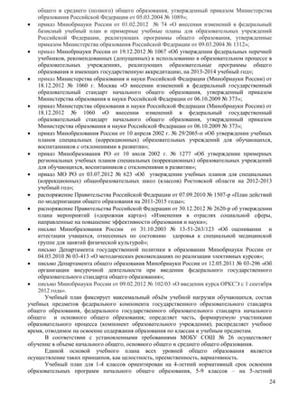 общего и среднего (полного) общего образования, утвержденный приказом Министерства 
образования Российской Федерации от 05.03.2004 № 1089»; 
 приказ Минобрнауки России от 01.02.2012 № 74 «О внесении изменений в федеральный 
базисный учебный план и примерные учебные планы для образовательных учреждений 
Российской Федерации, реализующих программы общего образования, утвержденные 
приказом Министерства образования Российской Федерации от 09.03.2004 № 1312»; 
 приказ Минобрнауки России от 19.12.2012 № 1067 «Об утверждении федеральных перечней 
учебников, рекомендованных (допущенных) к использованию в образовательном процессе в 
образовательных учреждениях, реализующих образовательные программы общего 
образования и имеющих государственную аккредитацию, на 2013-2014 учебный год»; 
 приказ Министерства образования и науки Российской Федерации (Минобрнауки России) от 
18.12.2012 № 1060 г. Москва «О внесении изменений в федеральный государственный 
образовательный стандарт начального общего образования, утвержденный приказом 
Министерства образования и науки Российской Федерации от 06.10.2009 № 373»; 
 приказ Министерства образования и науки Российской Федерации (Минобрнауки России) от 
18.12.2012 № 1060 «О внесении изменений в федеральный государственный 
образовательный стандарт начального общего образования, утвержденный приказом 
Министерства образования и науки Российской Федерации от 06.10.2009 № 373»; 
 приказ Минобразования России от 10 апреля 2002 г. № 29/2065-п «Об утверждении учебных 
планов специальных (коррекционных) образовательных учреждений для обучающихся, 
воспитанников с отклонениями в развитии»; 
 приказ Минобразования РО от 10 июля 2002 г. № 1277 «Об утверждении примерных 
региональных учебных планов специальных (коррекционных) образовательных учреждений 
для обучающихся, воспитанников с отклонениями в развитии»; 
 приказ МО РО от 03.07.2012 № 623 «Об утверждении учебных планов для специальных 
(коррекционных) общеобразовательных школ (классов) Ростовской области на 2012-2013 
учебный год»; 
 распоряжение Правительства Российской Федерации от 07.09.2010 № 1507-р «План действий 
24 
по модернизации общего образования на 2011-2015 годы»; 
 распоряжение Правительства Российской Федерации от 30.12.2012 № 2620-р об утверждении 
плана мероприятий («дорожная карта») «Изменения в отраслях социальной сферы, 
направленные на повышение эффективности образования и науки»; 
 письмо Минобразования России от 31.10.2003 № 13-51-263/123 «Об оценивании и 
аттестации учащихся, отнесенных по состоянию здоровья к специальной медицинской 
группе для занятий физической культурой»; 
 письмо Департамента государственной политики в образовании Минобрнауки России от 
04.03.2010 № 03-413 «О методических рекомендациях по реализации элективных курсов»; 
 письмо Департамента общего образования Минобрнауки России от 12.05.2011 № 03-296 «Об 
организации внеурочной деятельности при введении федерального государственного 
образовательного стандарта общего образования»; 
 письмо Минобрнауки России от 09.02.2012 № 102/03 «О введении курса ОРКСЭ с 1 сентября 
2012 года». 
Учебный план фиксирует максимальный объём учебной нагрузки обучающихся, состав 
учебных предметов федерального компонента государственного образовательного стандарта 
общего образования, федерального государственного образовательного стандарта начального 
общего и основного общего образования; определяет часть, формируемую участниками 
образовательного процесса (компонент образовательного учреждения); распределяет учебное 
время, отводимое на освоение содержания образования по классам и учебным предметам. 
В соответствии с установленными требованиями МОБУ СОШ № 26 осуществляет 
обучение в объеме начального общего, основного общего и среднего общего образования. 
Единой основой учебного плана всех уровней общего образования является 
осуществление таких принципов, как целостность, преемственность, вариативность. 
Учебный план для 1-4 классов ориентирован на 4-летний нормативный срок освоения 
образовательных программ начального общего образования, 5-9 классов – на 5-летний 
 