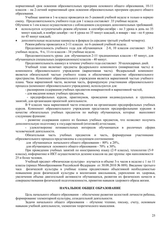 нормативный срок освоения образовательных программ основного общего образования, 10-11 
классов – на 2-летний нормативный срок освоения образовательных программ среднего общего 
образования. 
Учебные занятия в 1-м классе проводятся по 5-дневной учебной неделе и только в первую 
смену. Продолжительность учебного года для 1 класса составляет 33 учебные недели. 
Обучение в 1-ом классе осуществляется с соблюдением следующих дополнительных требований: 
 используется «ступенчатый» режим обучения: в сентябре-октябре - по 3 урока в день по 35 
минут каждый, в ноябре-декабре - по 4 урока по 35 минут каждый, в январе - мае - по 4 урока 
по 45 минут каждый; 
25 
 дополнительные недельные каникулы в феврале (в середине третьей учебной четверти). 
Режим работы проводится в 2-11 классах по 6-дневной учебной неделе. 
Продолжительность учебного года для обучающихся 2-8, 10 классов составляет 34,5 
учебных недель, 9-х, 11-го классов - 34 учебные недели. 
Продолжительность урока для обучающихся 2-11 традиционных классов - 45 минут, для 
обучающихся специальных (коррекционных) классов - 40 минут. 
Продолжительность каникул в течение учебного года составляет 30 календарных дней. 
Учебный план включает предметы федерального компонента (инвариантная часть) и 
компонента образовательного учреждения (вариативная часть). Федеральный компонент 
является обязательной частью учебного плана и обеспечивает единство образовательного 
пространства. Компонент образовательного учреждения является вариативной частью учебного 
плана. Часы вариативной части, включая часть, формируемую участниками образовательного 
процесса (компонент образовательного учреждения), используются для: 
- расширения содержания учебных предметов инвариантной и вариативной частей, 
- для введения новых учебных предметов, 
- предпрофильных курсов, практикумов, проведения индивидуальных и групповых 
занятий, для организации проектной деятельности. 
В 9 классах часы вариативной части отводятся на организацию предпрофильных учебных 
курсов. Компонент образовательного учреждения представлен предпрофильными курсами в 
качестве обязательных учебных предметов по выбору обучающихся, которые выполняют 
следующие функции: 
- развитие содержания одного из базовых учебных предметов, что позволяет получить 
дополнительную подготовку к государственной (итоговой) аттестации; 
- удовлетворение познавательных интересов обучающихся в различных сферах 
человеческой деятельности. 
Обязательная часть учебных предметов и часть, формируемая участниками 
образовательного процесса представлены в следующем соотношении: 
для обучающихся начального общего образования - 80% к 20%, 
для обучающихся основного общего образования - 70% к 30%. 
При проведении учебных занятий по иностранному языку (2-9 классы), технологии (5-9 
классы), информатике и ИКТ осуществляется деление классов на две группы: при наполняемости 
25 и более человек. 
Учебный предмет «Физическая культура» изучается в объеме 3-х часов в неделю с 1 по 11 
классы (приказ Минобразования Российской Федерации от 30.08.2010 № 889). Введение третьего 
часа физической культуры в учебные планы продиктовано объективной необходимостью 
повышения роли физической культуры в воспитании школьников, укрепления их здоровья, 
увеличения объема двигательной активности обучающихся, развития их физических качеств и 
совершенствования физической подготовленности, привития навыков здорового образа жизни. 
НАЧАЛЬНОЕ ОБЩЕЕ ОБРАЗОВАНИЕ 
Цель начального общего образования – обеспечение развития целостной личности ребенка, 
формирование элементарной культуры, созидательной деятельности. 
Задачи начального общего образования – обучение чтению, письму, счету, основным 
навыкам учебной деятельности, элементам теоретического мышления. 
 
