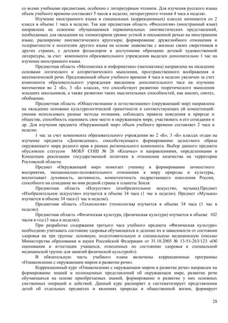 со всеми учебными предметами, особенно с литературным чтением. Для изучения русского языка 
объем учебного времени составляет 5 часов в неделю; литературного чтения 4 часа в неделю. 
Изучение иностранного языка в специальных (коррекционных) классах начинается со 2 
класса в объеме 1 часа в неделю. Так как предметная область «Филология» (иностранный язык) 
направлена на освоение обучающимися первоначальных лингвистических представлений, 
необходимых для овладения на элементарном уровне устной и письменной речью на иностранном 
языке, расширение лингвистического кругозора; формирование дружелюбного отношения и 
толерантности к носителям другого языка на основе знакомства с жизнью своих сверстников в 
других странах, с детским фольклором и доступными образцами детской художественной 
литературы, за счет компонента образовательного учреждения выделен дополнительно 1 час на 
изучение иностранного языка. 
Предметная область «Математика и информатика» (математика) направлена на овладение 
основами логического и алгоритмического мышления, пространственного воображения и 
математической речи. Предложенный объем учебного времени 4 часа в неделю увеличен за счет 
компонента образовательного учреждения введением дополнительного часа на изучение 
математики во 2 «Б», 3 «Б» классах, что способствует развитию теоретического мышления 
младших школьников, а также развитию таких мыслительных способностей, как анализ, синтез, 
обобщение. 
Предметная область «Обществознание и естествознание» (окружающий мир) направлена 
на овладение основами культурологической грамотности и соответствующих ей компетенций: 
умения использовать разные методы познания, соблюдать правила поведения в природе и 
обществе, способность оценивать свое место в окружающем мире, участвовать в его созидании и 
др. Для изучения предмета «Окружающий мир» объем учебного времени составляет 2 часа в 
неделю. 
1 час за счет компонента образовательного учреждения во 2 «Б», 3 «Б» классах отдан на 
изучение предмета «Доноведение», способствующего формированию целостного образа 
окружающего мира родного края в рамках регионального компонента. Выбор данного предмета 
обусловлен статусом МОБУ СОШ № 26 «Казачье» и направлениями, определенными в 
Концепции реализации государственной политики в отношении казачества на территории 
Ростовской области. 
Предмет «Окружающий мир» помогает ученику в формировании личностного 
восприятия, эмоционально-положительного отношения к миру природы и культуры, 
воспитывает духовность, активность, компетентность подрастающего поколения России, 
способного на созидание во имя родной страны и планеты Земля. 
Предметная область «Искусство» (изобразительное искусство, музыка).Предмет 
«Изобразительное искусство» изучается в объеме 34 часа (1 час в неделю). Предмет «Музыка» 
изучается в объеме 34 часа (1 час в неделю). 
Предметная область «Технология» (технология) изучается в объеме 34 часа (1 час в 
28 
неделю). 
Предметная область «Физическая культура, (физическая культура) изучается в объеме 102 
часов в год (3 часа в неделю). 
При разработке содержания третьего часа учебного предмета «Физическая культура» 
необходимо учитывать состояние здоровья обучающихся и деление их в зависимости от состояния 
здоровья на три группы: основную, подготовительную и специальную медицинскую (письмо 
Министерства образования и науки Российской Федерации от 31.10.2003 № 13-51-263/123 «Об 
оценивании и аттестации учащихся, отнесенных по состоянию здоровья к специальной 
медицинской группе для занятий физической культурой»). 
В обязательную часть учебного плана включены коррекционные программы 
«Ознакомление с окружающим миром и развитие речи». 
Коррекционный курс «Ознакомление с окружающим миром и развитие речи» направлен на 
формирование знаний и полноценных представлений об окружающем мире, развитие речи 
обучающихся на основе приобретаемых знаний, формирование и развитие у них основных 
умственных операций и действий. Данный курс расширяет и систематизирует представления 
детей об отдельных предметах и явлениях природы и общественной жизни, формирует 
 