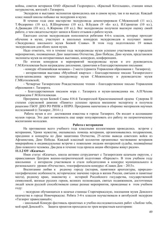 войны, советов ветеранов ОАО «Красный Гидропресс», «Красный Котельщик», станции юных 
натуралистов, жителей г.Таганрога. 
Экскурсии и выставки экспонатов проводились как в самом музее, так и на выезде. Каждый 
49 
класс нашей школы побывал на экскурсиях в музее. 
В течение года свое мастерство экскурсовода демонстрировали С.Межинский (11 кл.), 
Т.Федоренко (10 кл.), Я.Шнурченко (10 кл.), В.Будаев (9 «Б» кл.), И.Сероштан (10 кл.), 
А.Джавадян (10 кл.), А.Жирнова (10 кл.). Все экскурсоводы получили высокую оценку своей 
работе, о чем свидетельствуют записи в Книге отзывов о работе музея. 
Ежегодно состав экскурсоводов пополняется ребятами 4-6-х классов, которые проходят 
обучение в музее, участвуют в школьных конкурсах экскурсоводов и получают звание 
«Экскурсовод школьного музея Боевой Славы». В этом году подготовлено 19 новых 
экскурсоводов для обоих залов музея. 
Надо отметить, что в течение года экскурсоводы музея успешно участвовали в городских 
мероприятиях, посвященных Дню защитника Отечества, Дню Победы, Дню музеев, представляли 
экспонаты музея на интерактивных выставках, конкурсах, конференциях. 
По итогам конкурсов и мероприятий экскурсоводы музея и его руководитель 
Г.М.Котилевская были награждены дипломами, грамотами и благодарственными письмами: 
- конкурс «Олимпийская мозаика» - 2 место (грамота Управления образования г. Таганрога); 
- интерактивная выставка «Музейный квартал» - благодарственное письмо Таганрогского 
музея-заповедника вручено экскурсоводу музея С.Межинскому и руководителю музея 
Г.МКотилевской; 
- Четвертые Таганрогские Рождественские чтения - благодарственное письмо Управления 
образования г. Таганрога. 
- Благодарственным письмом мэра г. Таганрога и музея-заповедника им. А.П.Чехова 
награждена Г.М.Котилевская. 
Программа музея Боевой Славы 416-й Таганрогской Краснознаменной ордена Суворова II 
степени стрелковой дивизии «Память» успешно прошла внешнюю экспертизу и получила 
рецензию ГБОУ ДПО РО РИПК и ППРО. Программа напечатана в сборнике материалов научных 
исследований (г.Таганрог, 2014 г.) 
Работа музея и его достижения известны в городе Таганроге. Он входит в ассоциацию 
музеев города. Это дает возможность еще шире популяризовать его работу по патриотическому 
воспитанию молодежи. 
Работа с ветеранами 
На протяжении всего учебного года классными коллективами проводились встречи с 
ветеранами, Уроки мужества, оказывалась помощь ветеранам, организовывались поздравления, 
праздники и концерты ко Дню защитника Отечества, 25-летию вывода советских войск из 
Афганистана, Дню Победы. Каждый классный коллектив организовал чествование ветеранов 
микрорайона и индивидуальные встречи с пожилыми людьми интересной судьбы, посвящённые 
Дню пожилого человека. Два раза в течение года прошла акция «Ветераны живут рядом». 
11.1.2 ОУ «Казачье» 
Имея статус «Казачье», школа активно сотрудничает с Таганрогским казачьим округом, с 
православным Центром военно-патриотической подготовки «Пересвет». В этом учебном году 
школьники с интересом участвовали и стали победителями в конкурсе муниципального и 
регионального уровня «Отечество», этнографическом конкурсе «Славен Дон – 2013». 
Воспитанию любви к родному городу (история, памятники архитектуры, природно- 
географические особенности, историческое значение города в жизни России, святыни и памятные 
места), родному краю, знакомству с историей Российского государства, государственной 
символикой, жизнью русских героев, великих полководцев, святых подвижников, досточтимых 
людей земли русской способствовали самые разные мероприятия, проводимые в этом учебном 
году: 
- экскурсии обучающихся в казачьи станицы Старочеркасскую, посещения музея Донского 
казачества в городе Новочеркасске. Ребята 3-4-х классов поучаствовали в автобусной экскурсии 
«Таганрог православный»; 
- школьный Конкурс-фестиваль проектных и учебно-исследовательских работ «Люблю тебя, 
мой край Донской!». Защита проектов проходила по трем возрастным категориям: 
 