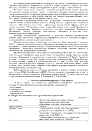 В образовательном учреждении функционирует Совет школы, в который входят родители 
(законные представители) обучающихся, педагоги и старшеклассники. В течение года было 
проведено 4 заседания, на которых рассматривались актуальные вопросы школьной жизни. 
Большую помощь школе оказывает общешкольный родительский комитет. Родители 
обучающихся принимали активное участие в школьных праздниках, подготовке совместных 
творческих мероприятий, уже ставших традиционными (школьный Конкурс-фестиваль проектных 
и учебно-исследовательских работ «Люблю тебя, мой край Донской!», фестиваль «Триумф года - 
2014», акции «Зелёный двор», «День древонасаждения» и др.). 
Совместно с родителями подготовлены и проведены общешкольные родительские 
собрания: «Семья как педагогическая система и партнёр школы», «Здоровые дети – счастливые 
родители», «Нравственные уроки семьи – нравственные законы жизни», «Трудные дети или 
трудные родители», «Организация летнего отдыха. Как сделать отдых детей безопасным?», 
«Летняя оздоровительная кампания», тематические лектории, посвященные безопасности 
обучающихся. Родители (законные представители) участвовали в классных часах 
профориентационной направленности. 
Благодаря сотрудничеству педколлектива и родителей (законных представителей) 
решались задачи организации оздоровительных мероприятий, школьных праздников, экскурсий, 
оказания содействия социально незащищенным семьям. 
Основное предназначение ученического самоуправления, Совета активных обучающихся 
(САО), - развитие социальной активности обучающихся, направленной прежде всего на защиту 
их гражданских прав и интересов, участие в решении реальных проблем школы. Самоуправление 
предоставляет возможности самостоятельно проявлять инициативу, принимать решения и 
осуществлять их в интересах всего коллектива. 
При активном содействии Совета активных обучающихся (САО) в 2013-2014 учебном году 
были проведены мероприятия: День знаний, День самоуправления, Декады правовых знаний, 
праздники «Посвящение в первоклассники и пешеходы», «Прощание с Азбукой», Чеховский 
декадник, трудовые десанты, Дни здоровья, мероприятия, посвященные Дню Победы, Конкурс- 
фестиваль школьных проектов и учебно-исследовательских работ «Люблю тебя, мой край 
Донской!», школьный фестиваль «Триумф года-2014», праздник «Последний звонок», акции 
«Спасибо, нет!», «Чистый двор», «Ветераны живут рядом», конкурсы рисунков и плакатов по 
пропаганде здорового образа жизни и др. 
Ребята принимали участие в конкурсах, проходящих в школе и в городе, организовали 
работу отряда ЮИД «Светофорчик» и ДЮП «Огонек», регулярно публиковали свои статьи в 
школьной газете «Донцы», размещали информацию на сайте школы. Эта работа проходила под 
руководством педагогов-организаторов Е.В.Пироговой, Л.А.Шаталовой. 
7 
4. Условия осуществления образовательного процесса 
В школе созданы все условия для осуществления полноценного образовательного 
процесса. Успешно функционируют следующие службы сопровождения: 
- методическая, 
- психологическая, 
- психолого-педагогическая, 
- информационная. 
4.1 Материально-техническая база образовательного учреждения 
Таблица № 1 
Тип здания Четырехэтажное кирпичное здание школы. 
Одноэтажное кирпичное здание тира. 
Одноэтажное кирпичное здание гаража. 
Общая площадь 10494 м2 
Права на здание Здание школы - Свидетельство о государственной 
регистрации права: серия 61-АГ № 469070; 
Здание тира - Свидетельство о государственной регистрации 
права: серия 61-АГ №469181; 
Здание гаража - Свидетельство о государственной 
регистрации права: серия 61-АГ №469182 
 