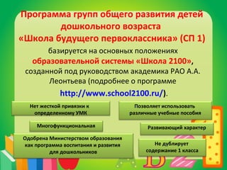 Программа групп общего развития детей 
дошкольного возраста 
«Школа будущего первоклассника» (СП 1) 
базируется на основных положениях 
образовательной системы «Школа 2100», 
созданной под руководством академика РАО А.А. 
Леонтьева (подробнее о программе 
http://www.school2100.ru/). 
Развивающий характер 
Нет жесткой привязки к 
определенному УМК 
Не дублирует 
содержание 1 класса 
Одобрена Министерством образования 
как программа воспитания и развития 
для дошкольников 
Позволяет использовать 
различные учебные пособия 
Многофункциональная 
 