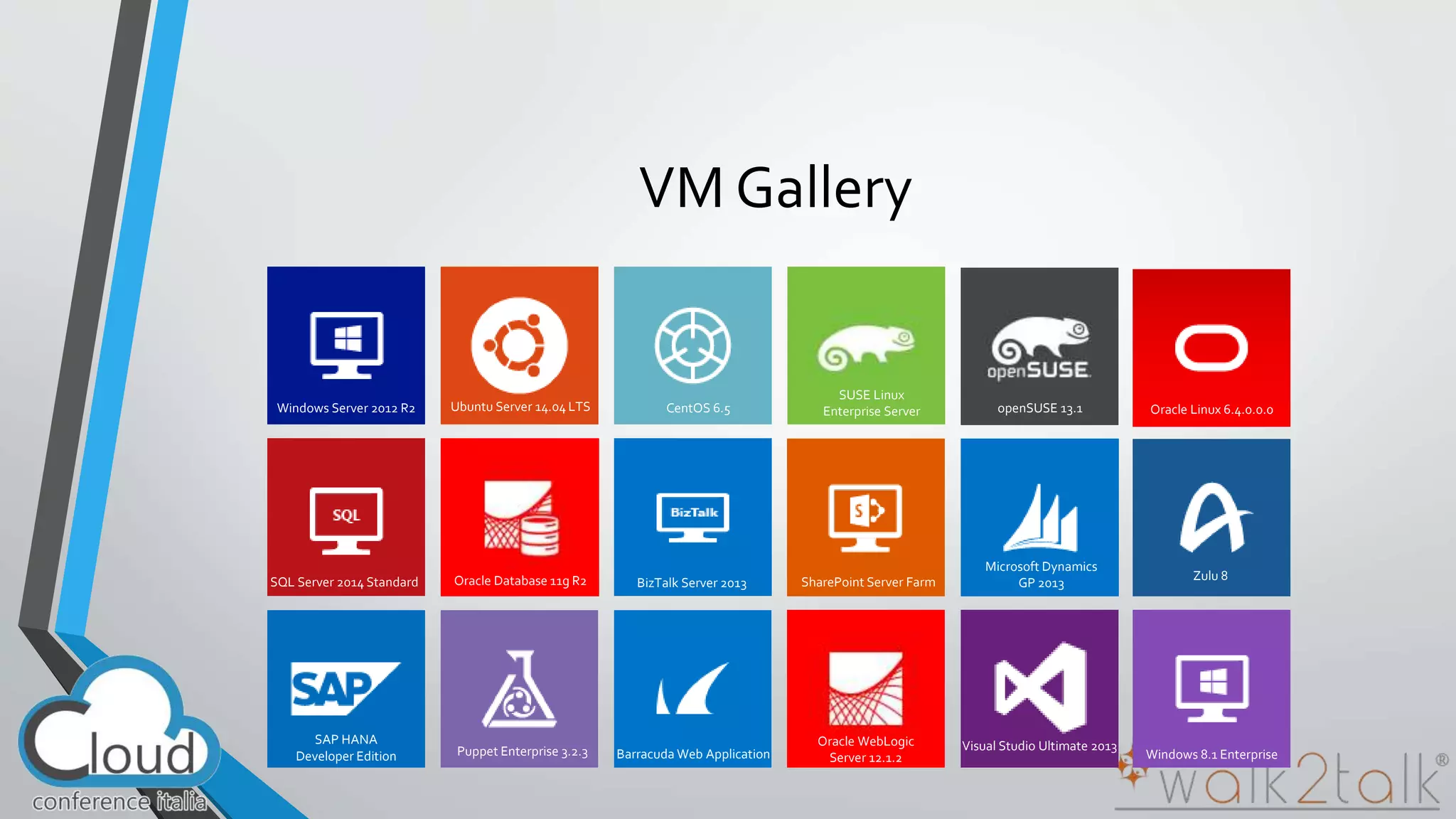 VM Gallery 
Windows Server 2012 R2 Ubuntu Server 14.04 LTS CentOS 6.5 
SUSE Linux 
openSUSE 13.1 
Enterprise Server Oracle Linux 6.4.0.0.0 
Windows 8.1 Enterprise 
SQL Server 2014 Standard Oracle Database 11g R2 BizTalk Server 2013 SharePoint Server Farm 
Microsoft Dynamics 
GP 2013 
Zulu 8 
SAP HANA 
Developer Edition Puppet Enterprise 3.2.3 Barracuda Web Application 
Oracle WebLogic 
Server 12.1.2 
Visual Studio Ultimate 2013 
 