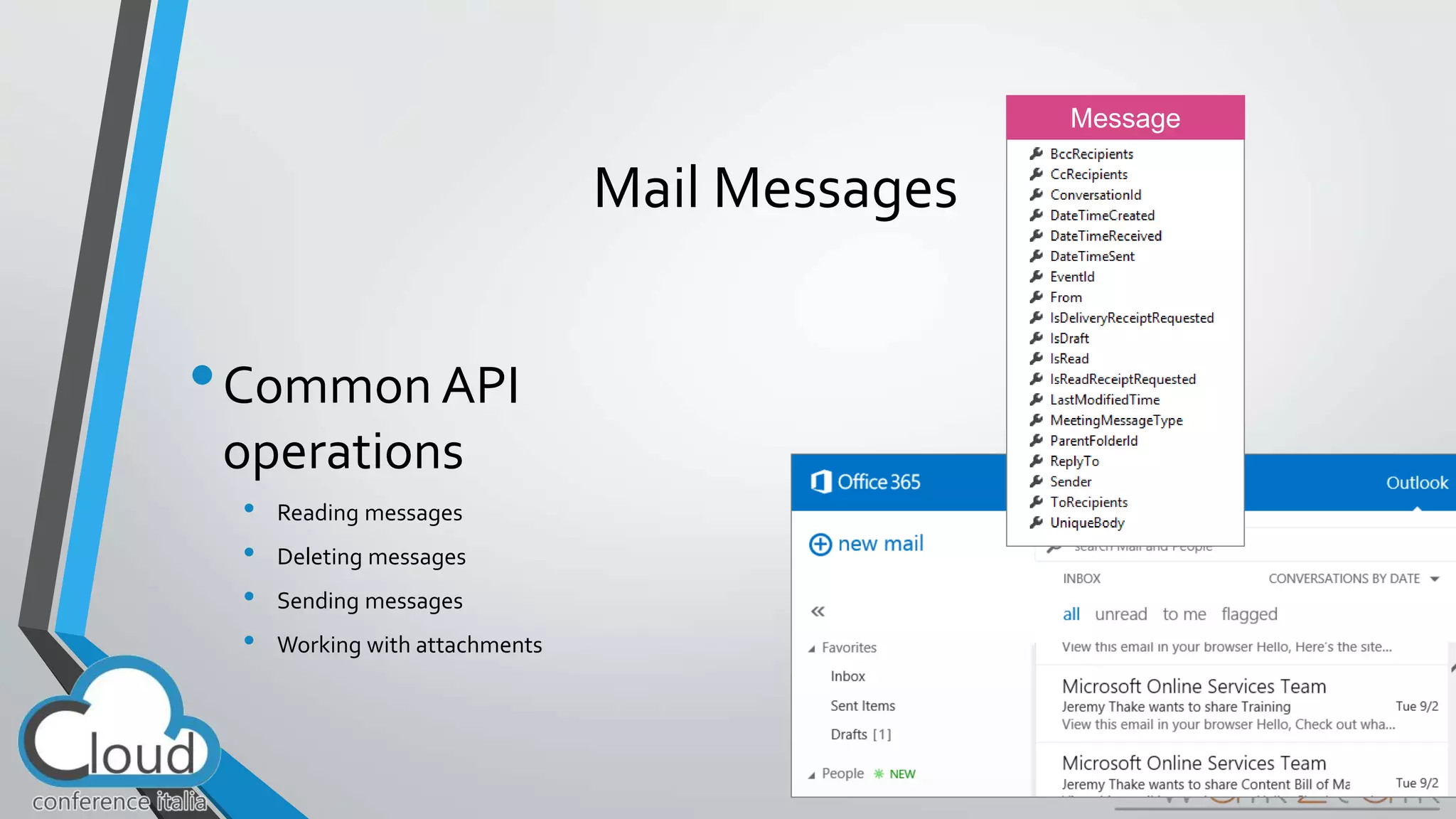 Mail Messages 
•Common API 
operations 
• Reading messages 
• Deleting messages 
• Sending messages 
• Working with attachments 
53 
 