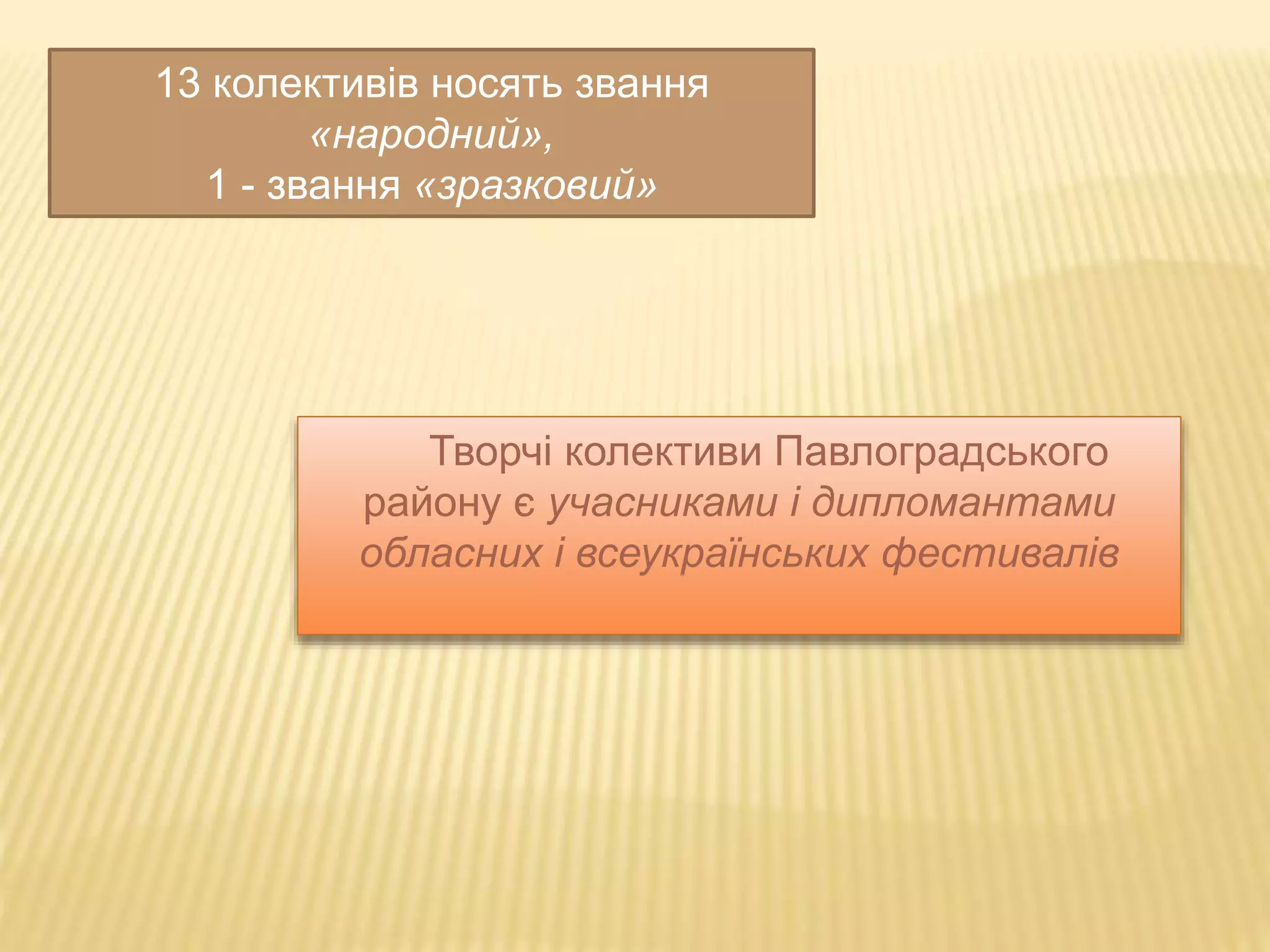 13 колективів носять звання 
«народний», 
1 - звання «зразковий» 
Творчі колективи Павлоградського 
району є учасниками і дипломантами 
обласних і всеукраїнських фестивалів 
 