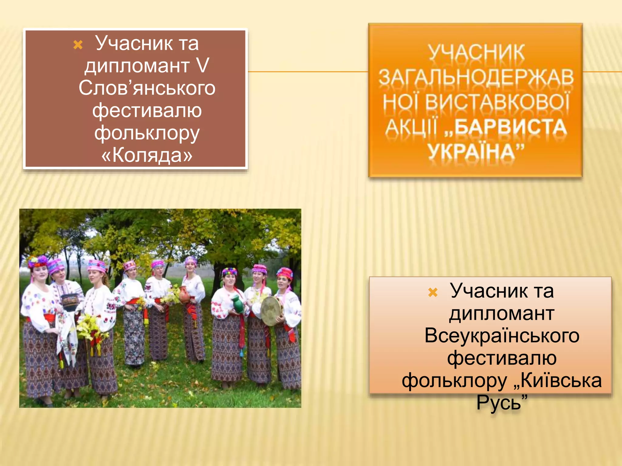  Учасник та 
дипломант V 
Слов’янського 
фестивалю 
фольклору 
«Коляда» 
 Учасник та 
дипломант 
Всеукраїнського 
фестивалю 
фольклору „Київська 
Русь” 
 