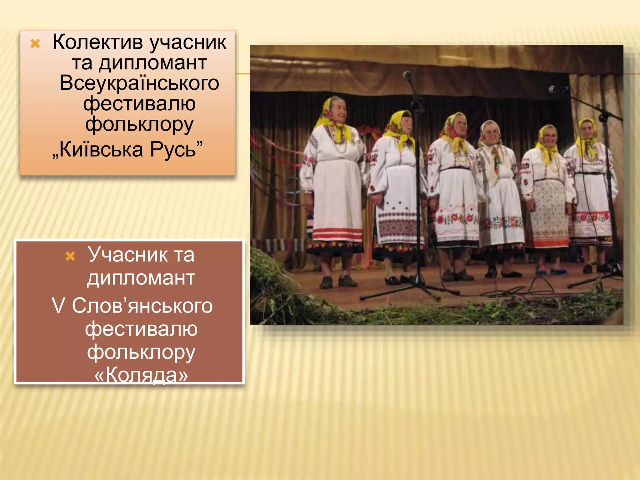  Колектив учасник 
та дипломант 
Всеукраїнського 
фестивалю 
фольклору 
„Київська Русь” 
 Учасник та 
дипломант 
V Слов’янського 
фестивалю 
фольклору 
«Коляда» 
 