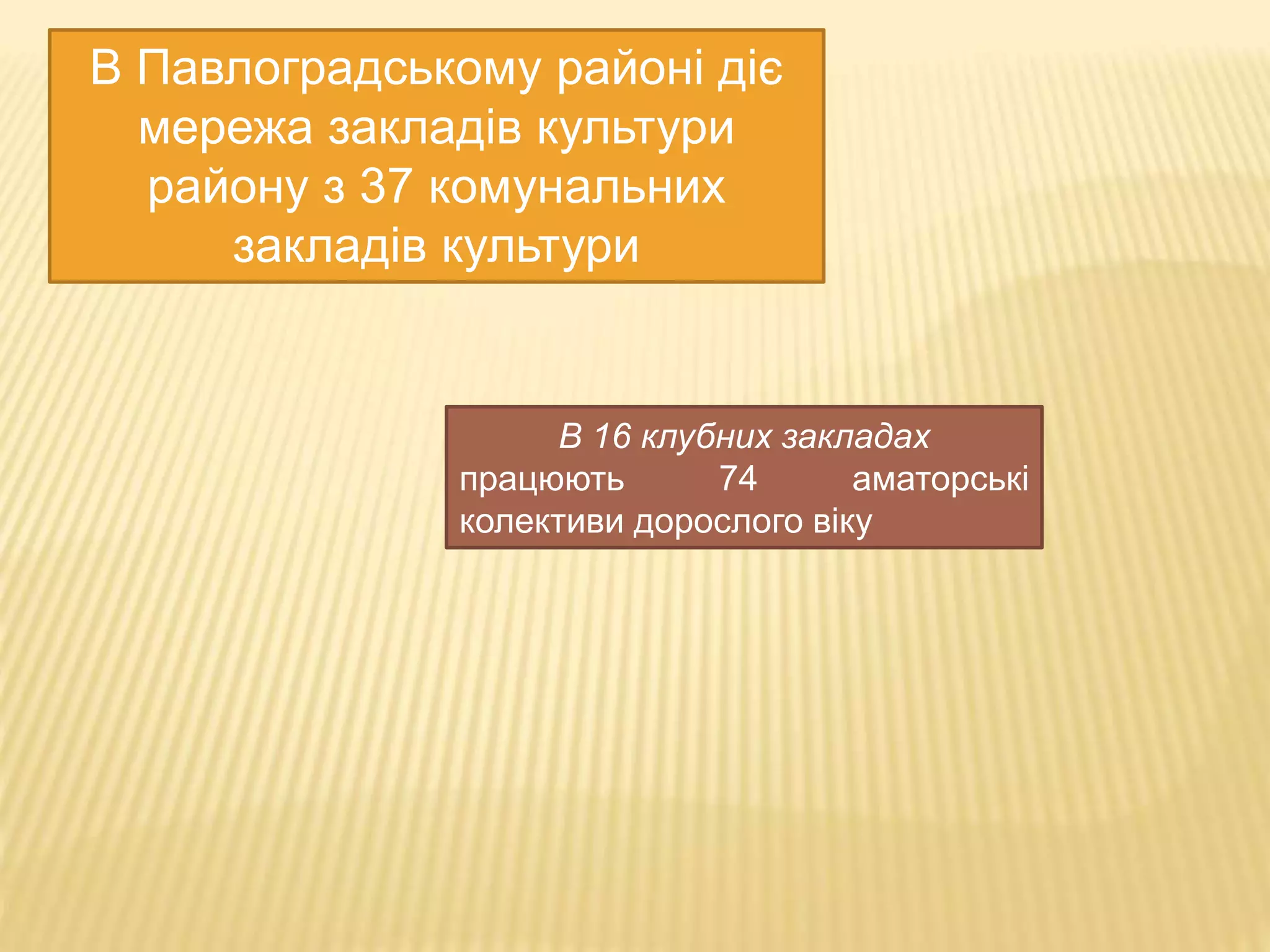 В Павлоградському районі діє 
мережа закладів культури 
району з 37 комунальних 
закладів культури 
В 16 клубних закладах 
працюють 74 аматорські 
колективи дорослого віку 
 