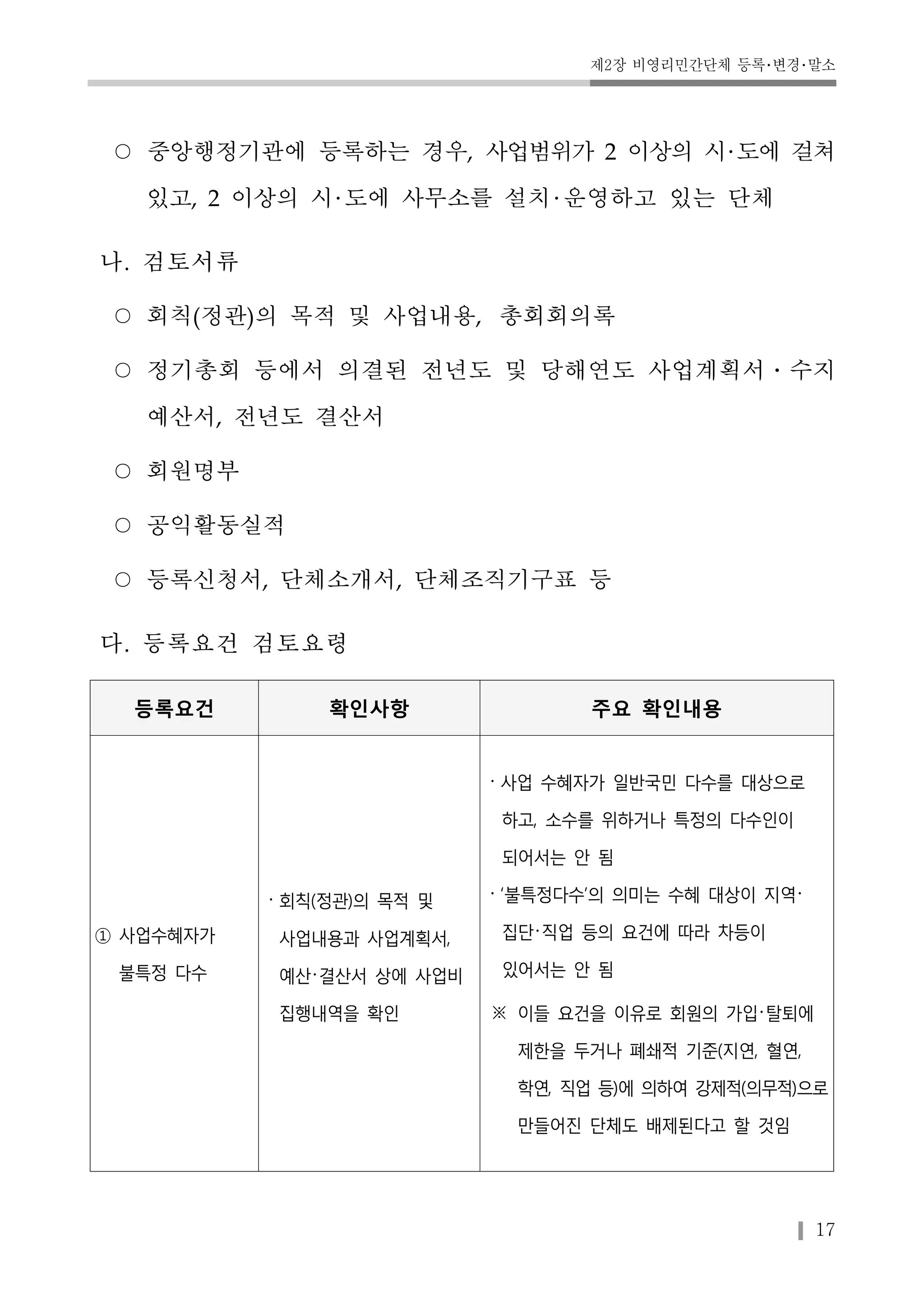 제2장 비영리민간단체 등록･변경･말소 
○ 중앙행정기관에 등록하는 경우, 사업범위가 2 이상의 시 도에 걸쳐 
17 
있고, 2 이상의 시 도에 사무소를 설치 운영하고 있는 단체 
나. 검토서류 
○ 회칙(정관)의 목적 및 사업내용, 총회회의록 
○ 정기총회 등에서 의결된 전년도 및 당해연도 사업계획서․수지 
예산서, 전년도 결산서 
○ 회원명부 
○ 공익활동실적 
○ 등록신청서, 단체소개서, 단체조직기구표 등 
다. 등록요건 검토요령 
등록요건 확인사항 주요 확인내용 
① 사업수혜자가 
불특정 다수 
･회칙(정관)의 목적 및 
사업내용과 사업계획서, 
예산･결산서 상에 사업비 
집행내역을 확인 
･사업 수혜자가 일반국민 다수를 대상으로 
하고, 소수를 위하거나 특정의 다수인이 
되어서는 안 됨 
･‘불특정다수’의 의미는 수혜 대상이 지역･ 
집단･직업 등의 요건에 따라 차등이 
있어서는 안 됨 
※ 이들 요건을 이유로 회원의 가입･탈퇴에 
제한을 두거나 폐쇄적 기준(지연, 혈연, 
학연, 직업 등)에 의하여 강제적(의무적)으로 
만들어진 단체도 배제된다고 할 것임 
 