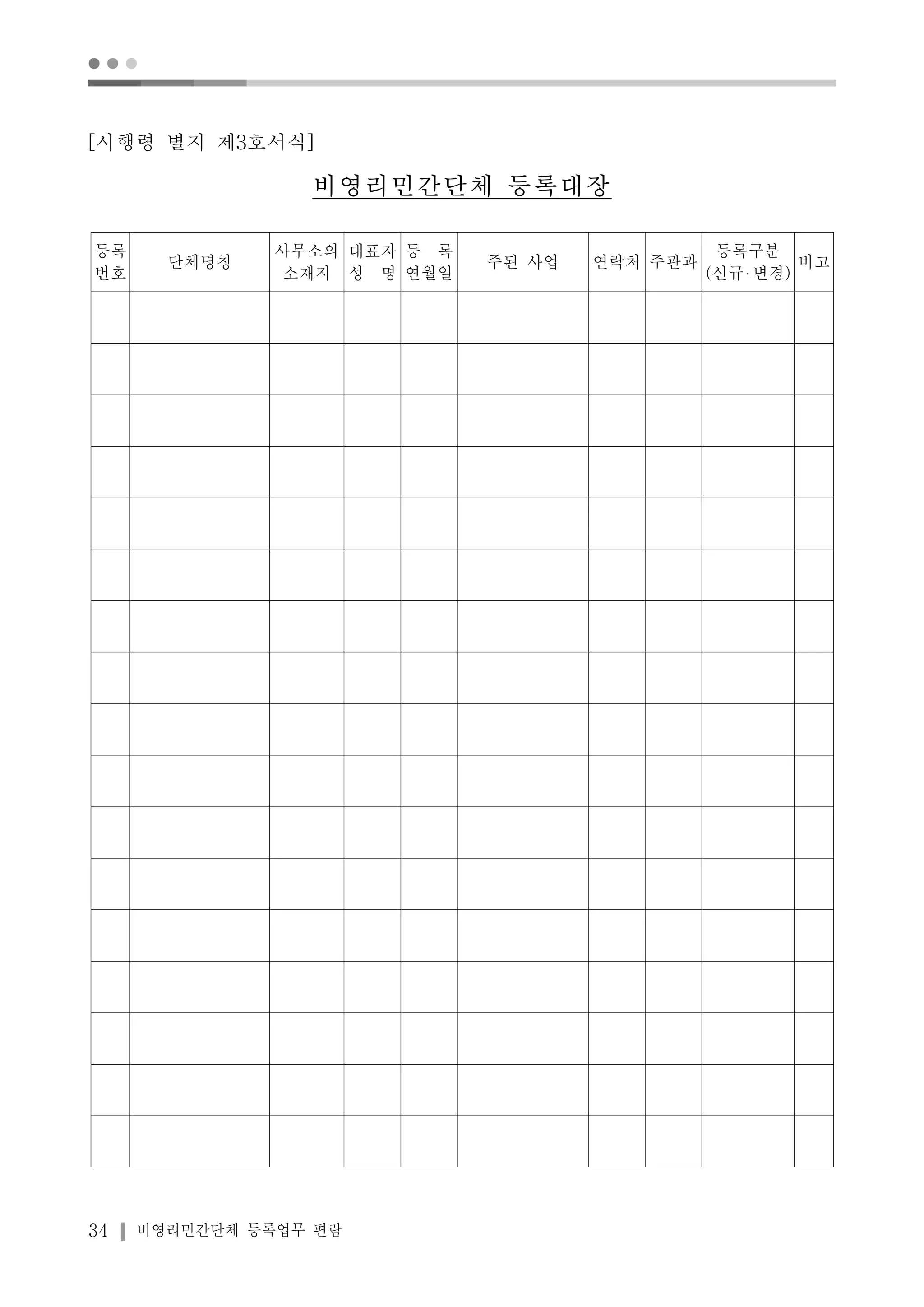 ● ● ● 
[시행령 별지 제3호서식] 
비영리민간단체 등록대장 
등록 
번호 
단체명칭 
사무소의 
소재지 
34 비영리민간단체 등록업무 편람 
대표자 
성 명 
등 록 
연월일 
주된 사업 연락처 주관과 
등록구분 
(신규 변경) 
비고 
 