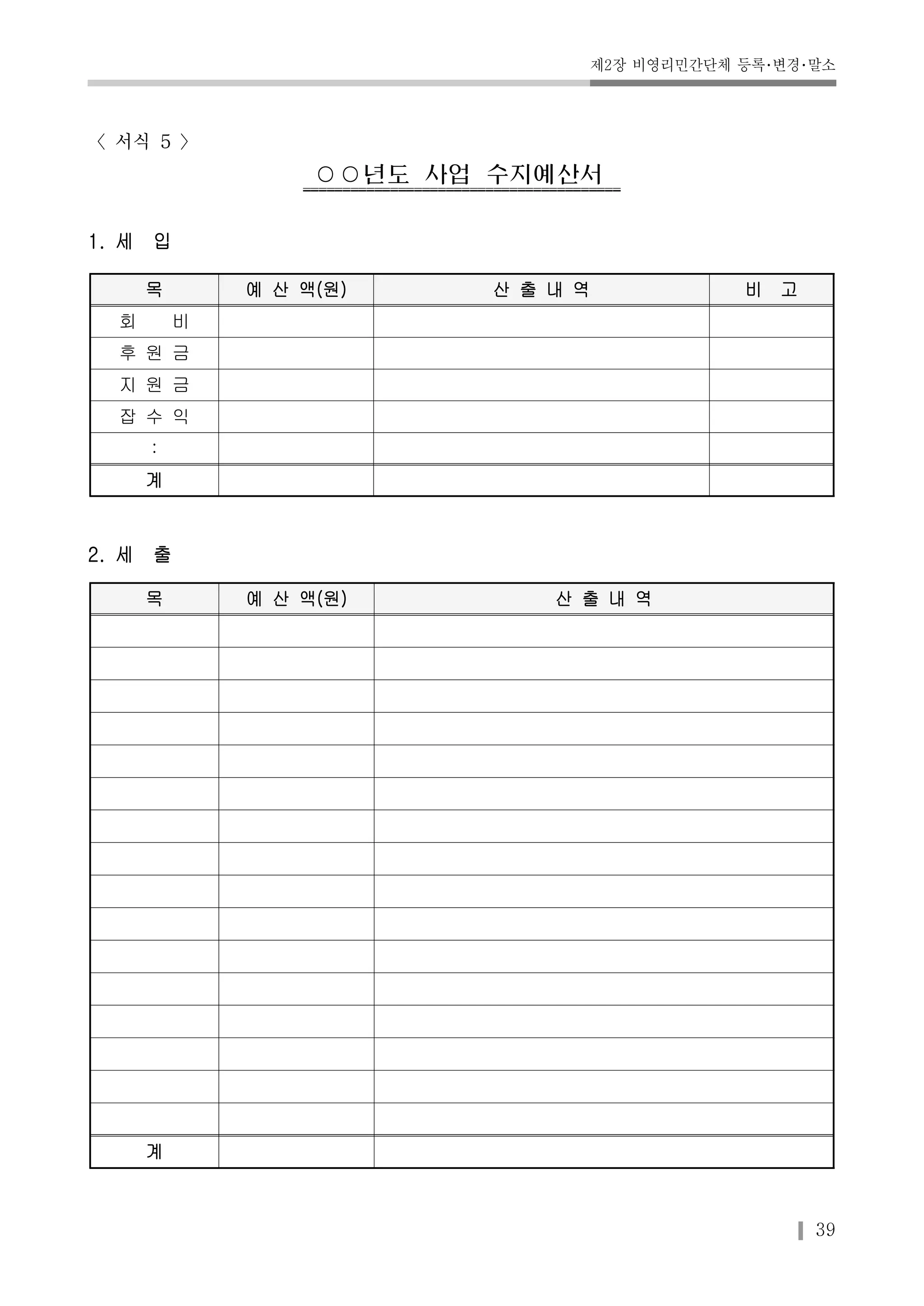 제2장 비영리민간단체 등록･변경･말소 
39 
〈서식 5 〉 
○○년도사업수지예산서 
1. 세 입 
목 예 산 액(원) 산 출 내 역 비 고 
회 비 
후 원 금 
지 원 금 
잡 수 익 
: 
계 
2. 세 출 
목 예 산 액(원) 산 출 내 역 
계 
 