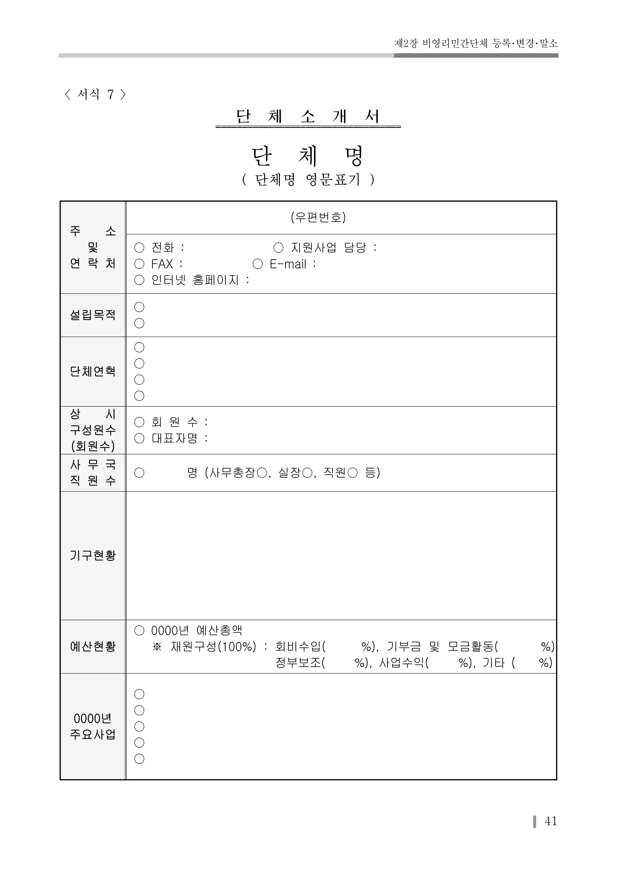제2장 비영리민간단체 등록･변경･말소 
41 
〈서식 7 〉 
단체소개서 
단 체 명 
( 단체명 영문표기 ) 
주 소 
및 
연 락 처 
(우편번호) 
○ 전화 : ○ 지원사업 담당 : 
○ FAX : ○ E-mail : 
○ 인터넷 홈페이지 : 
설립목적 
○ 
○ 
단체연혁 
○ 
○ 
○ 
○ 
상 시 
구성원수 
(회원수) 
○ 회 원 수 : 
○ 대표자명 : 
사 무 국 
직 원 수 
○ 명 (사무총장○, 실장○, 직원○ 등) 
기구현황 
예산현황 
○ 0000년 예산총액 
※ 재원구성(100%) : 회비수입( %), 기부금 및 모금활동( %) 
정부보조( %), 사업수익( %), 기타 ( %) 
0000년 
주요사업 
○ 
○ 
○ 
○ 
○ 
 