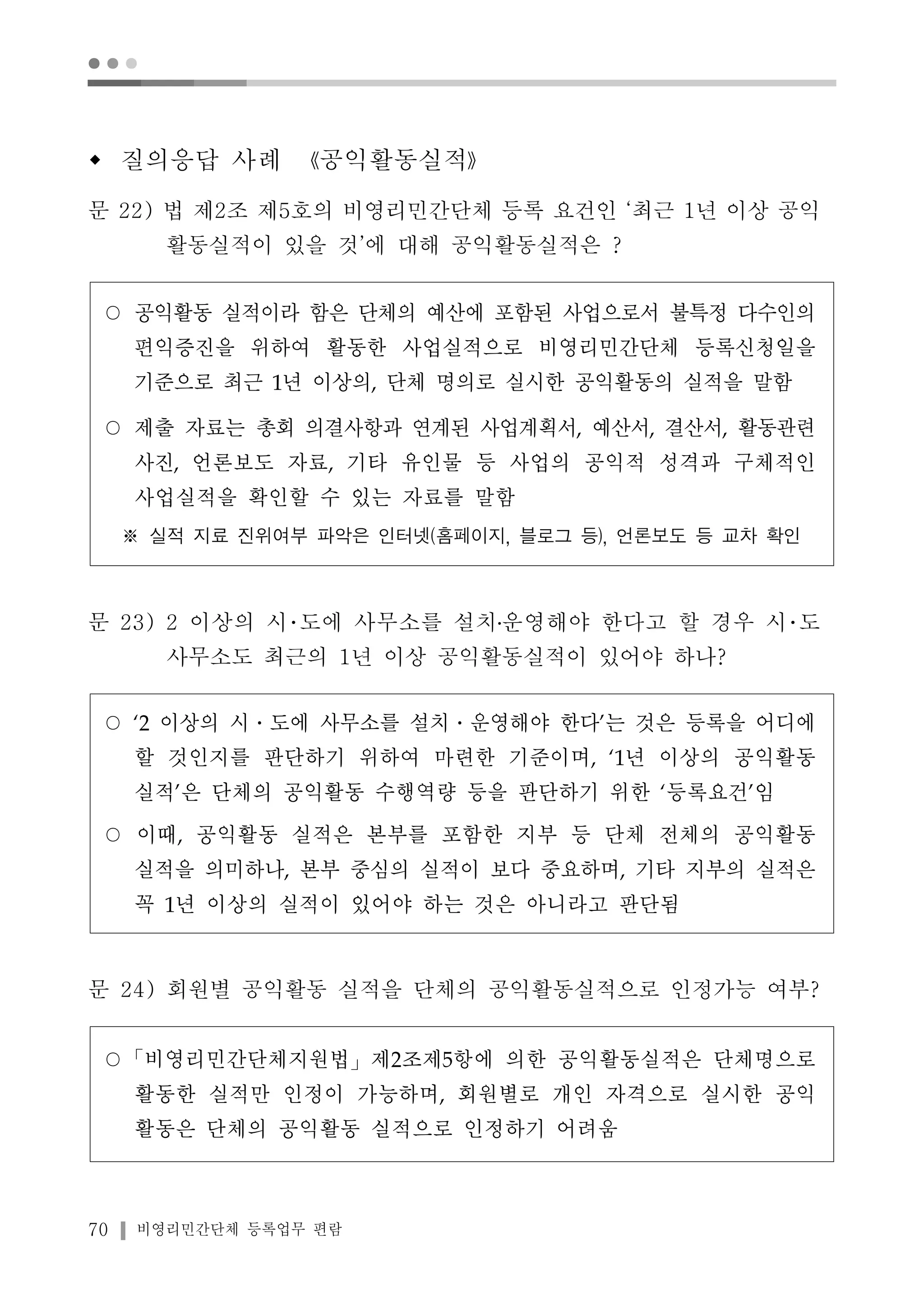 ● ● ● 
w 질의응답 사례 《공익활동실적》 
문 22) 법 제2조 제5호의 비영리민간단체 등록 요건인 ‘최근 1년 이상 공익 
활동실적이 있을 것’에 대해 공익활동실적은 ? 
○ 공익활동 실적이라 함은 단체의 예산에 포함된 사업으로서 불특정 다수인의 
편익증진을 위하여 활동한 사업실적으로 비영리민간단체 등록신청일을 
기준으로 최근 1년 이상의, 단체 명의로 실시한 공익활동의 실적을 말함 
○ 제출 자료는 총회 의결사항과 연계된 사업계획서, 예산서, 결산서, 활동관련 
사진, 언론보도 자료, 기타 유인물 등 사업의 공익적 성격과 구체적인 
사업실적을 확인할 수 있는 자료를 말함 
※ 실적 지료 진위여부 파악은 인터넷(홈페이지, 블로그 등), 언론보도 등 교차 확인 
문 23) 2 이상의 시･도에 사무소를 설치․운영해야 한다고 할 경우 시･도 
사무소도 최근의 1년 이상 공익활동실적이 있어야 하나? 
○ ‘2 이상의 시․도에 사무소를 설치․운영해야 한다’는 것은 등록을 어디에 
할 것인지를 판단하기 위하여 마련한 기준이며, ‘1년 이상의 공익활동 
실적’은 단체의 공익활동 수행역량 등을 판단하기 위한 ‘등록요건’임 
○ 이때, 공익활동 실적은 본부를 포함한 지부 등 단체 전체의 공익활동 
실적을 의미하나, 본부 중심의 실적이 보다 중요하며, 기타 지부의 실적은 
꼭 1년 이상의 실적이 있어야 하는 것은 아니라고 판단됨 
문 24) 회원별 공익활동 실적을 단체의 공익활동실적으로 인정가능 여부? 
○「비영리민간단체지원법」제2조제5항에 의한 공익활동실적은 단체명으로 
활동한 실적만 인정이 가능하며, 회원별로 개인 자격으로 실시한 공익 
활동은 단체의 공익활동 실적으로 인정하기 어려움 
70 비영리민간단체 등록업무 편람 
 