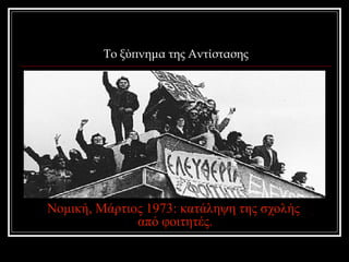 Το ξύπνημα της Αντίστασης 
Νομική, Μάρτιος 1973: κατάληψη της σχολής 
από φοιτητές. 
 