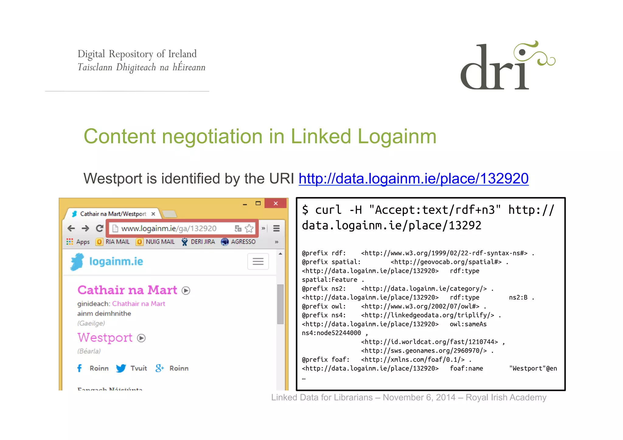 Content negotiation in Linked Logainm 
Westport is identified by the URI http://data.logainm.ie/place/132920 
$ curl -H "Accept:text/rdf+n3" http:// 
data.logainm.ie/place/13292 
@prefix rdf: <http://www.w3.org/1999/02/22-rdf-syntax-ns#> . 
@prefix spatial: <http://geovocab.org/spatial#> . 
<http://data.logainm.ie/place/132920> rdf:type 
spatial:Feature . 
@prefix ns2: <http://data.logainm.ie/category/> . 
<http://data.logainm.ie/place/132920> rdf:type ns2:B . 
@prefix owl: <http://www.w3.org/2002/07/owl#> . 
@prefix ns4: <http://linkedgeodata.org/triplify/> . 
<http://data.logainm.ie/place/132920> owl:sameAs 
ns4:node52244000 , 
<http://id.worldcat.org/fast/1210744> , 
<http://sws.geonames.org/2960970/> . 
@prefix foaf: <http://xmlns.com/foaf/0.1/> . 
<http://data.logainm.ie/place/132920> foaf:name "Westport"@en 
… 
Linked Data for Librarians – November 6, 2014 – Royal Irish Academy 
 