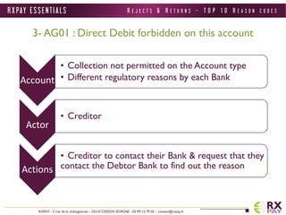 R X PAY E S S E N T I A L S 
RXPAY - 2 rue de la châtaigneraie - 35510 CESSON SEVIGNE - 02 99 12 79 05 – contact@rxpay.fr 
3- AG01 : Direct Debit forbidden on this account 
Account 
• Collection not permitted on the Account type 
• Different regulatory reasons by each Bank 
Actor 
• Creditor 
Actions 
• Creditor to contact their Bank & request that they 
contact the Debtor Bank to find out the reason 
R E J E C T S & R E T U R N S - T O P 1 0 R E A S O N C O D E S 
 