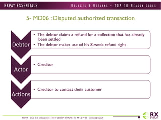 R X PAY E S S E N T I A L S 
RXPAY - 2 rue de la châtaigneraie - 35510 CESSON SEVIGNE - 02 99 12 79 05 – contact@rxpay.fr 
5- MD06 : Disputed authorized transaction 
Debtor 
• The debtor claims a refund for a collection that has already 
been settled 
• The debtor makes use of his 8-week refund right 
Actor 
• Creditor 
Actions 
• Creditor to contact their customer 
R E J E C T S & R E T U R N S - T O P 1 0 R E A S O N C O D E S 
 