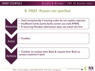 R X PAY E S S E N T I A L S 
RXPAY - 2 rue de la châtaigneraie - 35510 CESSON SEVIGNE - 02 99 12 79 05 – contact@rxpay.fr 
8- MS03 : Reason not specified 
Reasons 
• Used exceptionally if existing codes do not explain rejection 
• Insufficient funds (some banks cannot use code AM04) 
• If recurring Mandate information does not match the first 
Actor 
• Creditor 
Actions 
• Creditor to contact their Bank & request their Bank to 
contact customer’s bank 
R E J E C T S & R E T U R N S - T O P 1 0 R E A S O N C O D E S 
 