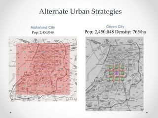 Motorised City
Pop: 2,450,048
Green City
Pop: 2,450,048 Density: 765/ha
Alternate Urban Strategies
 