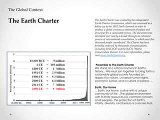 The Earth Charter was created by the independent
Earth Charter Commission, which was convened as a
follow-up to the 1992 Earth Summit in order to
produce a global consensus statement of values and
principles for a sustainable future. The document was
developed over nearly a decade through an extensive
process of international consultation, to which over five
thousand people contributed. The Charter has been
formally endorsed by thousands of organizations,
including UNESCO and the IUCN (World
Conservation Union). For more information, please
visit www.EarthCharter.org.
Preamble to The Earth Charter
We stand at a critical moment in Earth's
history... We must join together to bring forth a
sustainable global society founded on
respect for nature, universal human rights,
economic justice, and a culture of peace. …
Earth, Our Home
... Earth, our home, is alive with a unique
community of life. ..The global environment
with its finite resources is a common concern
of all peoples. The protection of Earth's
vitality, diversity, and beauty is a sacred trust.
The Global Context
The Earth Charter
 