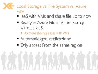 Local Storage vs. File System vs. Azure 
Files 
 IaaS with VMs and share file up to now 
 Ready in Azure File in Azure Sorage 
without IaaS 
 No more sharing issues with VMs 
 Automatic geo-replicazione 
 Orly access From the same region 
 