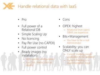Handle relational data with IaaS 
• Pro 
• Full power of a 
Relational DB 
• Simple Scaling Up 
• No licencing 
• Pay Per Use (no CAPEX) 
• Full power control 
• Ready images (no 
installation) 
– With specific configurations 
– Just Click, Name, choose, 
deploy 
• Cons 
• OPEX: highest 
– Relational (non open) 
DBMS are expensive 
• Bits+Management 
– You have to be a real 
Administrator 
• Scalability: you can 
ONLY scale up 
– Current sharding needs 
application to be updated 
– Current sharding is in 
experimentation stage 
 
