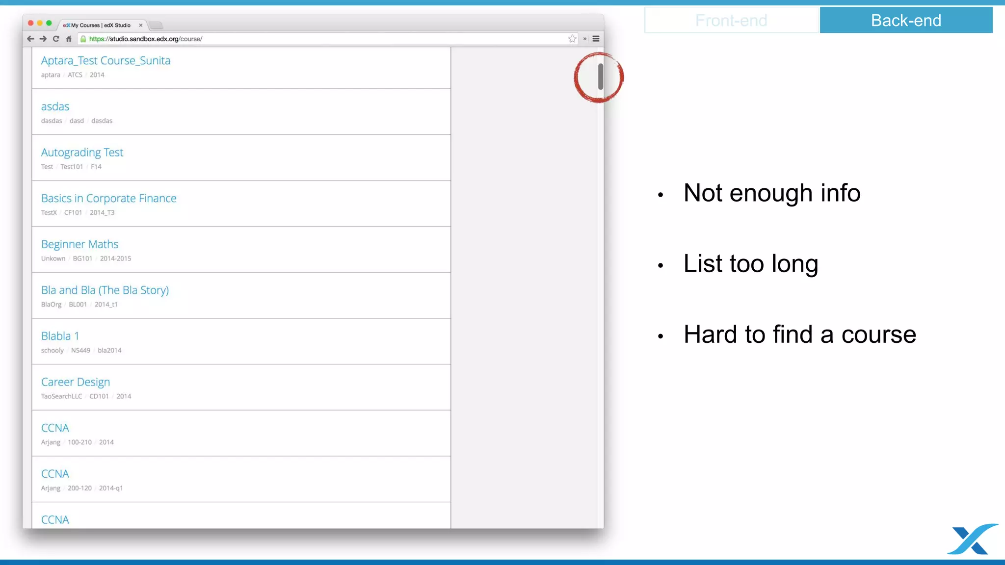 Front-end Back-end 
• Not enough info 
• List too long 
• Hard to find a course 
 