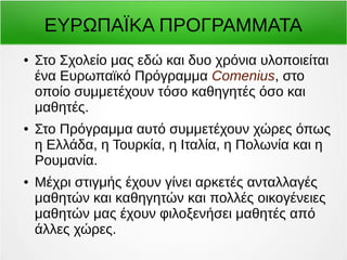 ΕΥΡΩΠΑΪΚΑ ΠΡΟΓΡΑΜΜΑΤΑ 
● Στο Σχολείο μας εδώ και δυο χρόνια υλοποιείται 
ένα Ευρωπαϊκό Πρόγραμμα Comenius, στο 
οποίο συμμετέχουν τόσο καθηγητές όσο και 
μαθητές. 
● Στο Πρόγραμμα αυτό συμμετέχουν χώρες όπως 
η Ελλάδα, η Τουρκία, η Ιταλία, η Πολωνία και η 
Ρουμανία. 
● Μέχρι στιγμής έχουν γίνει αρκετές ανταλλαγές 
μαθητών και καθηγητών και πολλές οικογένειες 
μαθητών μας έχουν φιλοξενήσει μαθητές από 
άλλες χώρες. 
 