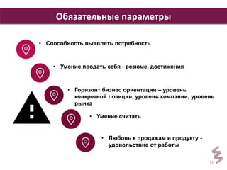 13 
Обязательные параметры 
• Способность выявлять потребность 
• Умение продать себя - резюме, достижения 
• Горизонт бизнес ориентации – уровень 
конкретной позиции, уровень компании, уровень 
рынка 
• Умение считать 
• Любовь к продажам и продукту - 
удовольствие от работы 
 