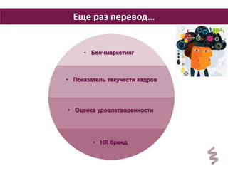 9 
Еще раз перевод… 
• Бенчмаркетинг 
• Показатель текучести кадров 
• Оценка удовлетворенности 
• HR бренд 
 