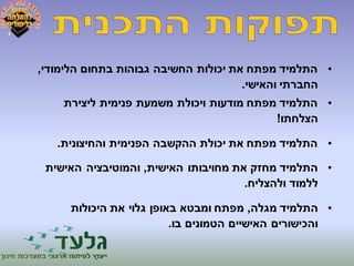 • התלמיד מפתח את יכולות החשיבה גבוהות בתחום הלימודי, 
החברתי והאישי. 
• התלמיד מפתח מודעות ויכולת משמעת פנימית ליצירת 
הצלחתו! 
• התלמיד מפתח את יכולת ההקשבה הפנימית והחיצונית. 
• התלמיד מחזק את מחויבותו האישית, והמוטיבציה האישית 
ללמוד ולהצליח. 
• התלמיד מגלה, מפתח ומבטא באופן גלוי את היכולות 
והכישורים האישיים הטמונים בו. 
 