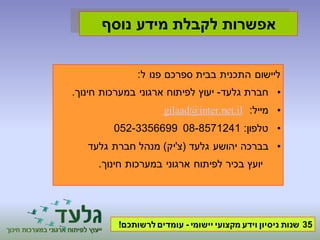 אפשרות לקבלת מידע נוסף 
ליישום התכנית בבית ספרכם פנו ל: 
• חברת גלעד- יעוץ לפיתוח ארגוני במערכות חינוך. 
gilaad@inter.net.il : • מייל 
052-3356699 • טלפון: 08-8571241 
• בברכה יהושע גלעד )צ'יק( מנהל חברת גלעד 
יועץ בכיר לפיתוח ארגוני במערכות חינוך. 
35 שנות ניסיון וידע מקצועי יישומי - עומדים לרשותכם! 
